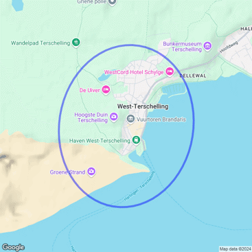 Kaartje met het verzendgebied van de NL-Alert op 5 december 2024 in West-Terschelling.